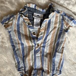 Tommy Bahama Blue, Tan & Green Striped Baby Button Romper
